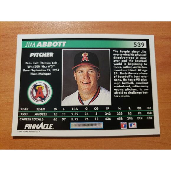 Jim Abbott 1992 Pinnacle #539 - California Angels - MLB - Fresh Pull - Picture 2 of 2